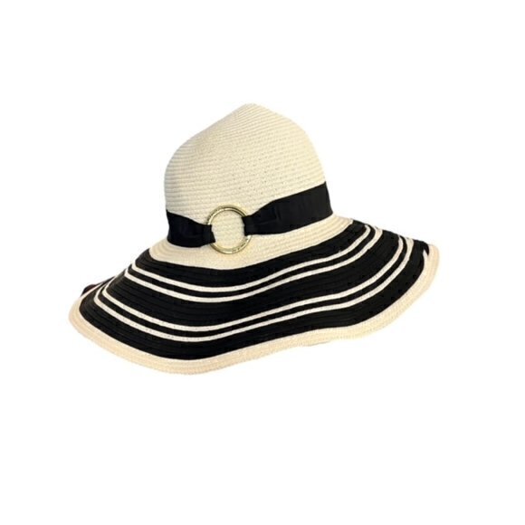 🎉PRICE REDUCED🎉 Lauren Ralph Lauren Cream‎ Black Wide Rim Hat Pool Vacation - Picture 1 of 10
